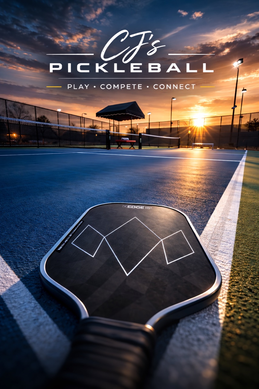 CJ's Pickleball court at sunset with paddle in the foreground
